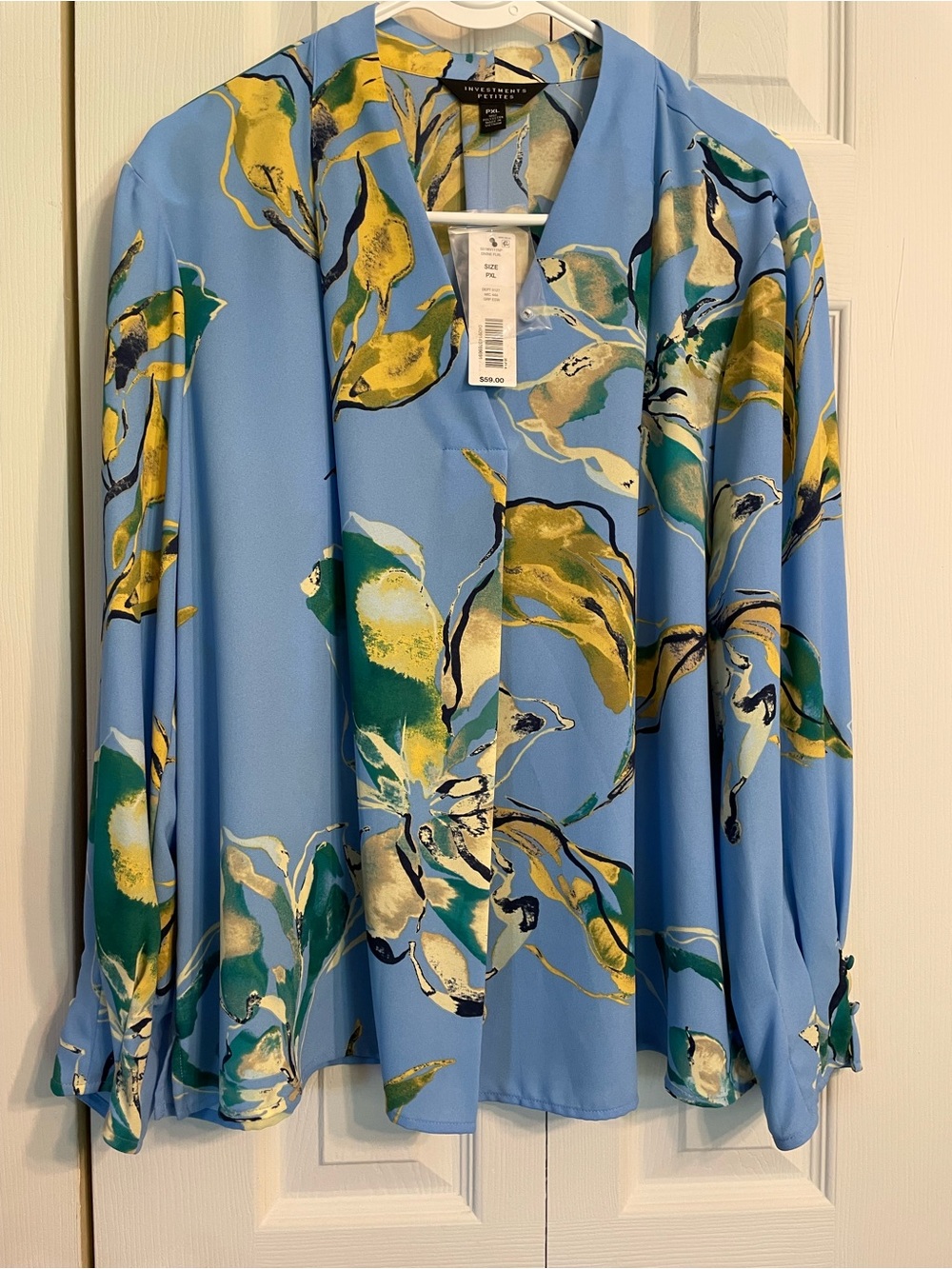 Investments Petite Floral Print Top in Sky Blue and Yellow